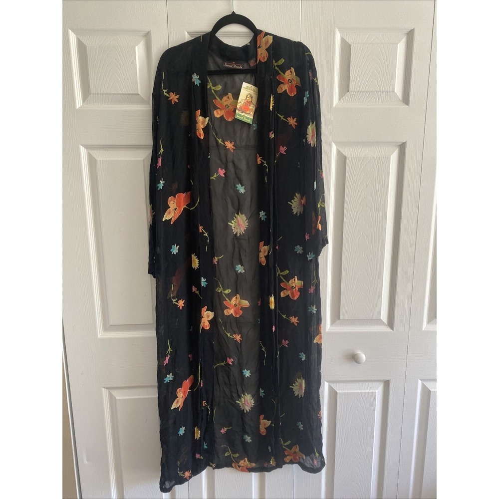 Sacred Threads Women's Vintage Black Floral Kimono Cover up Deadstock Medium